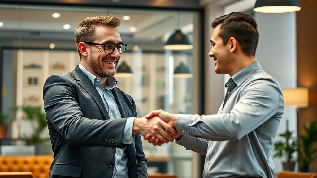 confident London business owner shaking hands with marketing agency consultant, outsourcing social media campaign