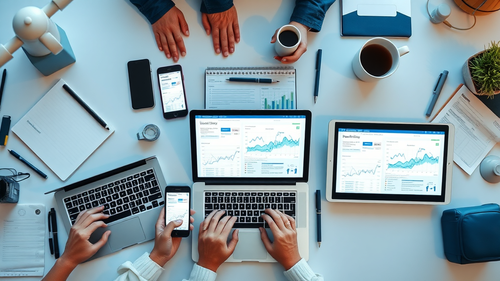 flat lay of digital marketing tools, smartphone and laptops with social media dashboards, analytics for London businesses