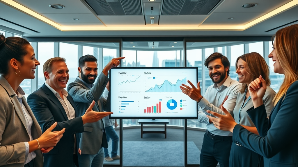 diverse group of London business professionals celebrating digital marketing success, reviewing social media marketing results