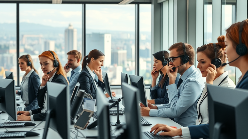 Bustling modern London call center, diverse group of professionally dressed agents engaged in active phone and computer conversations with London cityscape background and advanced tech workspace for london outsourced call center