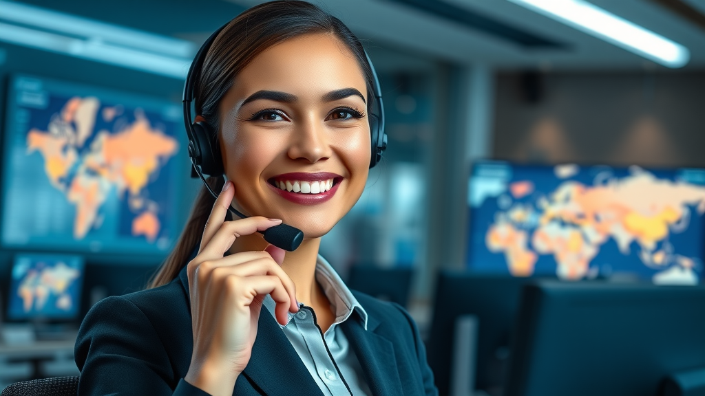 Sleek professional call center receptionist in London, welcoming smile, answering a headset call with digital screens and corporate map background for london outsourced call center