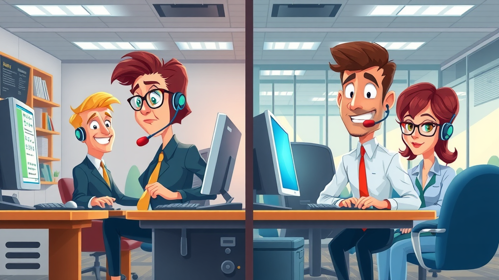 Split-scene cartoon; left: small in-house call centre with old equipment, right: large London outsourced call center with advanced technology and efficient agents demonstrating the technology gap in call handling