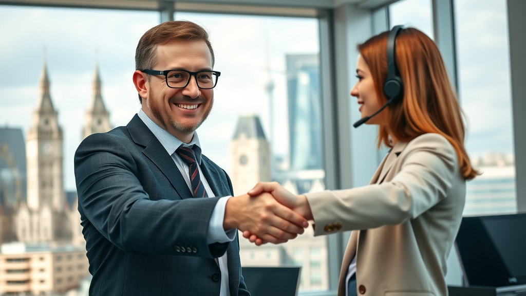 Confident London business owner shaking hands with a call center manager in a modern office with London landmarks background for outsourced call centre solutions