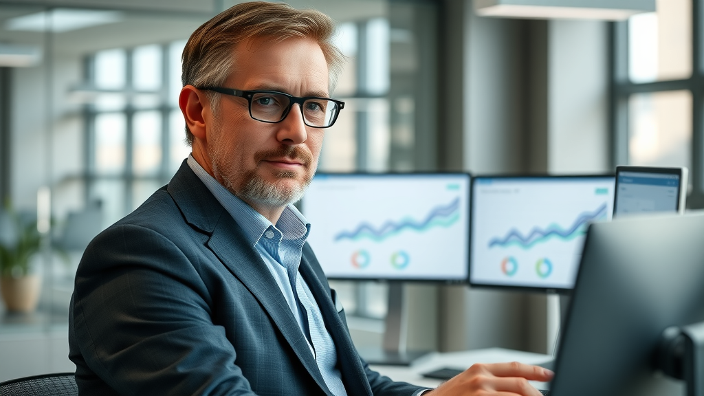authoritative British business owner reviewing web analytics dashboards for pay for website traffic UK