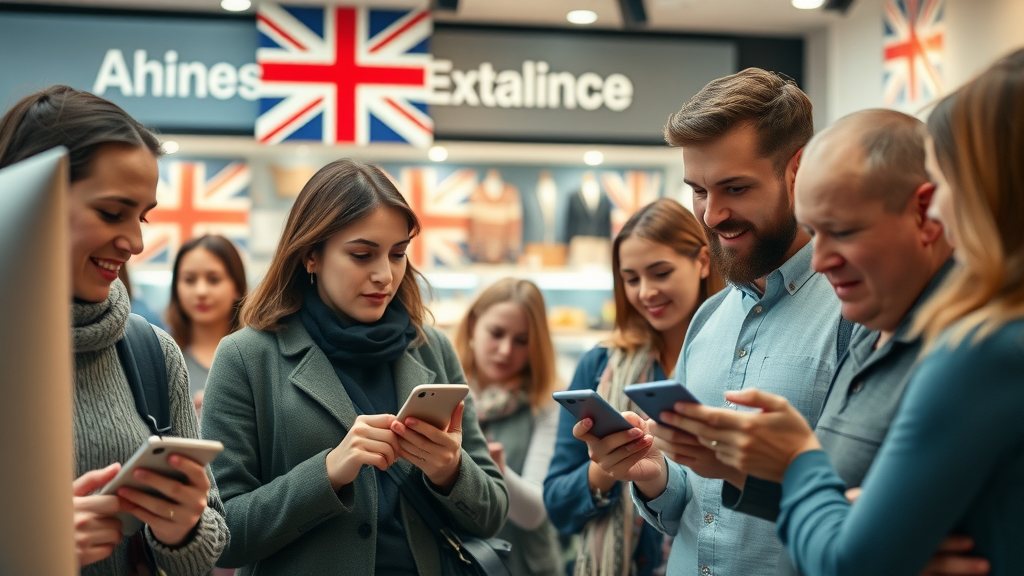 dynamic UK ecommerce website bustling with visitors browsing on multiple devices, representing strong website traffic for UK businesses