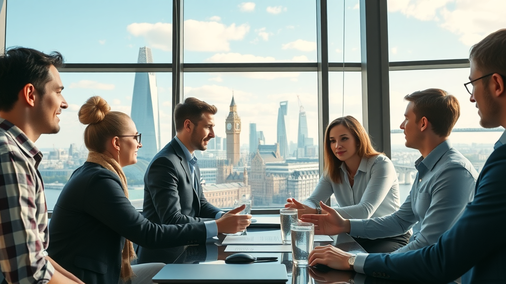 social media marketing for london businesses, London cityscape, digital marketing agency professionals strategizing in modern office with skyline view of The Shard and Gherkin