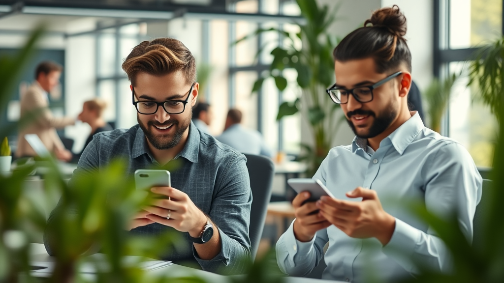Efficient small business team in London focusing on core activities while social media notifications are managed externally by a marketing agency
