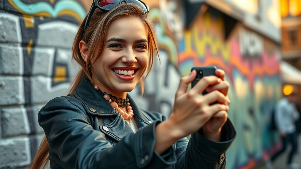 Trendy London influencer creating video content for social media marketing with urban Soho backdrop