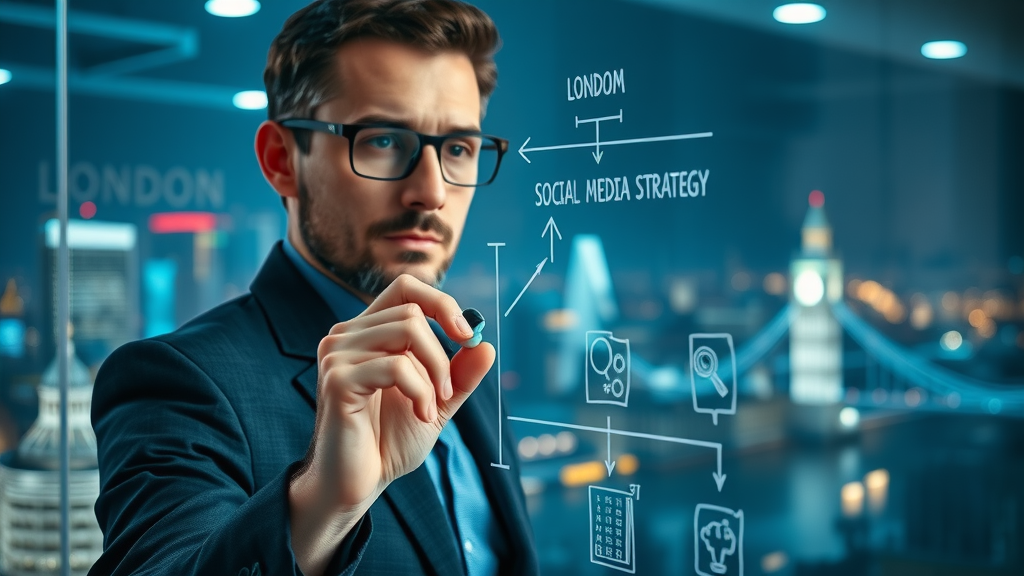 Strategic London marketing expert drawing social media strategy roadmap overlooking the city skyline