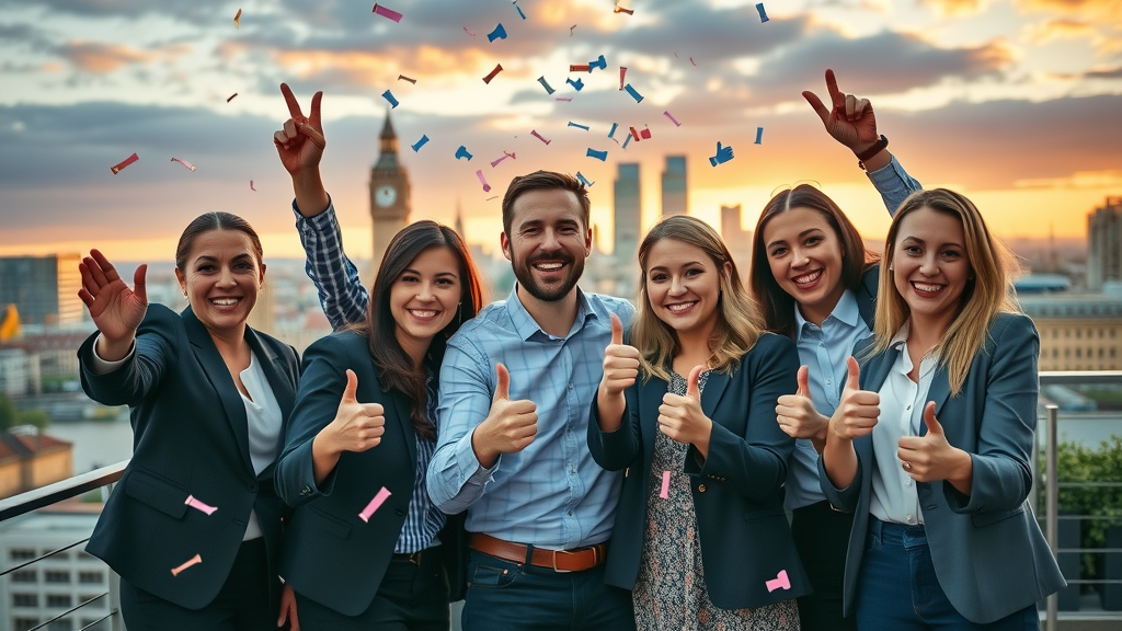 Successful London business team celebrating social media marketing results with city skyline backdrop and digital celebration icons