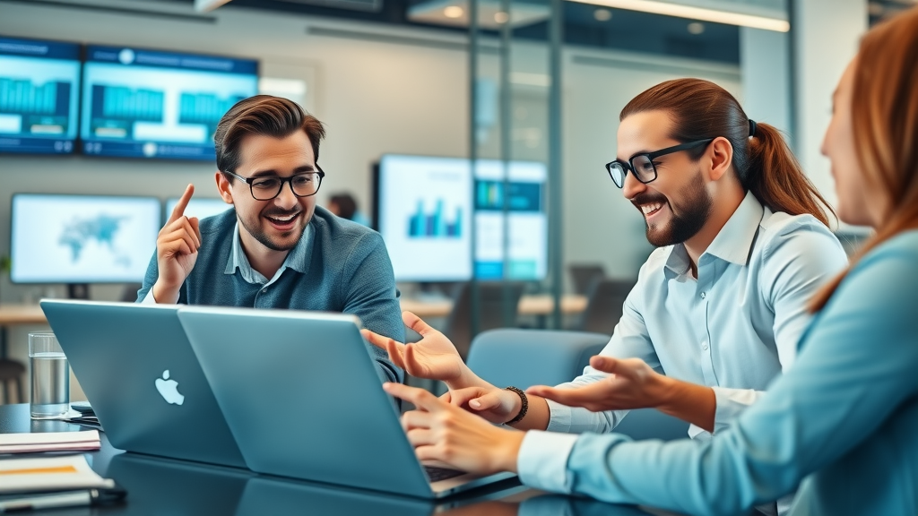 Dynamic business professionals collaborating on laptops—confident, enthusiastic expressions, engaging in discussion about the master affiliate profits affiliate program, in a modern coworking space with affiliate dashboards displayed.