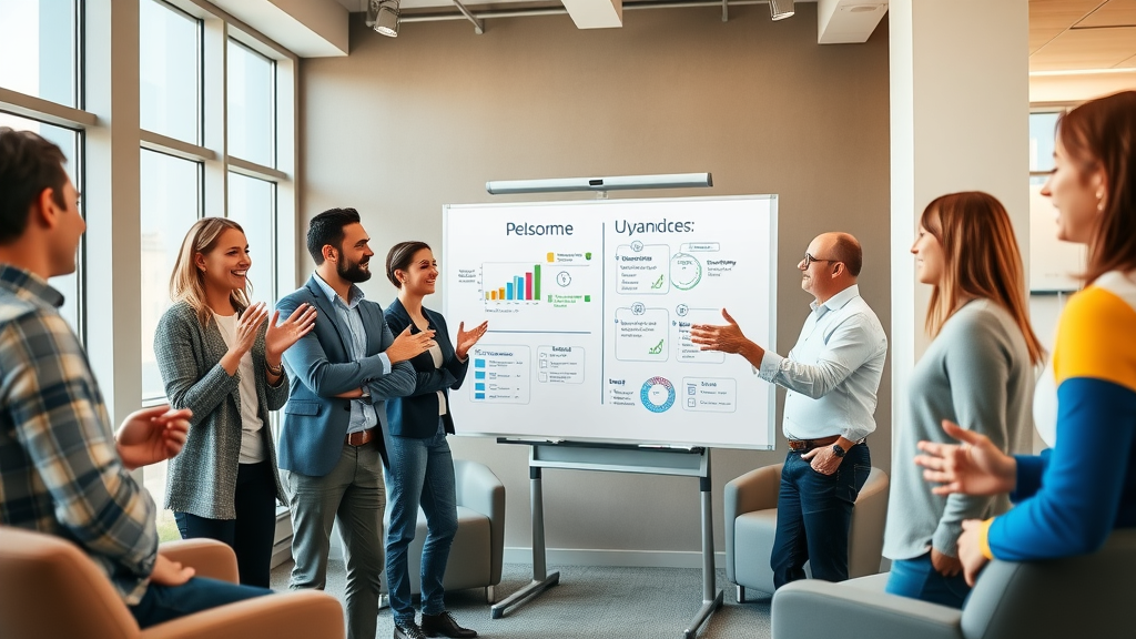 Energetic coaching session with affiliate marketing experts, supportive mentors demonstrating strategies from the master affiliate profits affiliate program using a digital whiteboard, in a bright, modern training room.