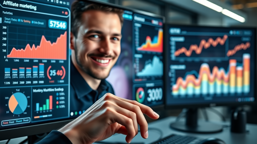 High-tech digital dashboard with affiliate marketing stats reflecting success in the master affiliate profits affiliate program, user’s hand ready to click, in a modern workspace with glowing analytics.