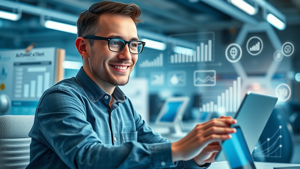 Automated workflow for affiliate marketing success, with marketing icons and a motivated user navigating the master affiliate profits affiliate program from a futuristic workspace.