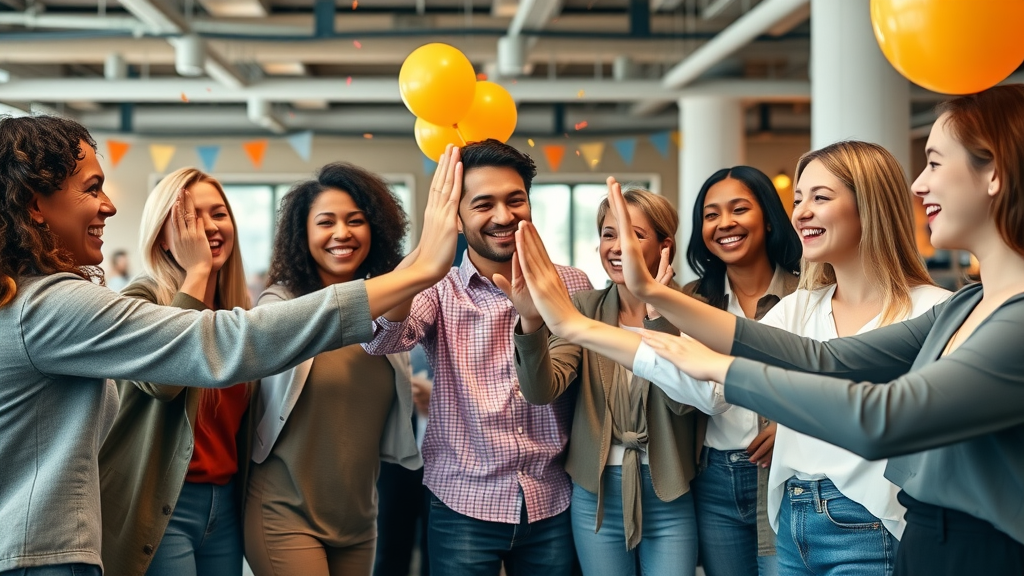 Diverse group of successful affiliates celebrating their achievements with the master affiliate profits affiliate program, vibrant team energy, high-fives, and positive body language.