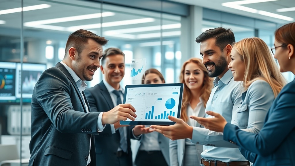 Dynamic business team collaborating in a high-tech office, showing AI marketing analytics on a digital tablet. Digital marketing AI consultancy in action.