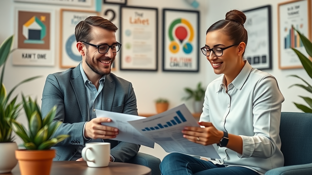 Professional digital marketing consultant meeting small business owner to review AI-powered analytics. Business strategy consultation.