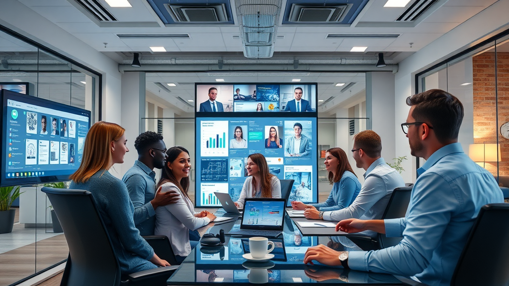 Modern virtual office with AI dashboards and marketers collaborating on digital marketing campaigns. Virtual office solutions for marketing agencies.