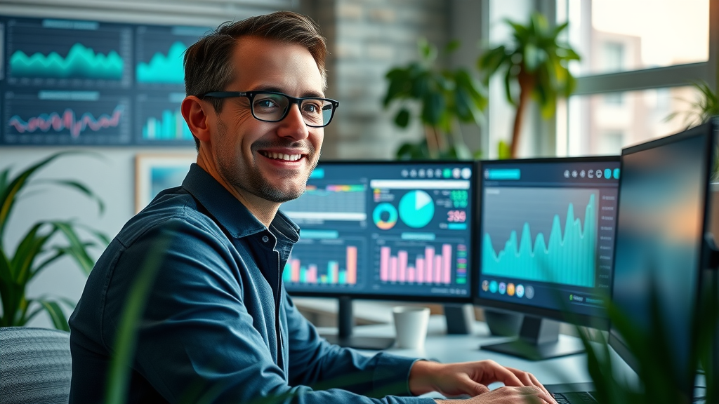Marketer analyzing AI-powered digital analytics dashboard showing campaign success metrics. Digital marketing case study with positive growth charts.