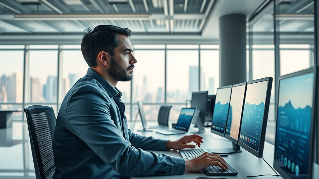 Sleek digital workspace displaying multiple AI marketing tools and dashboards used in digital marketing AI consultancy.