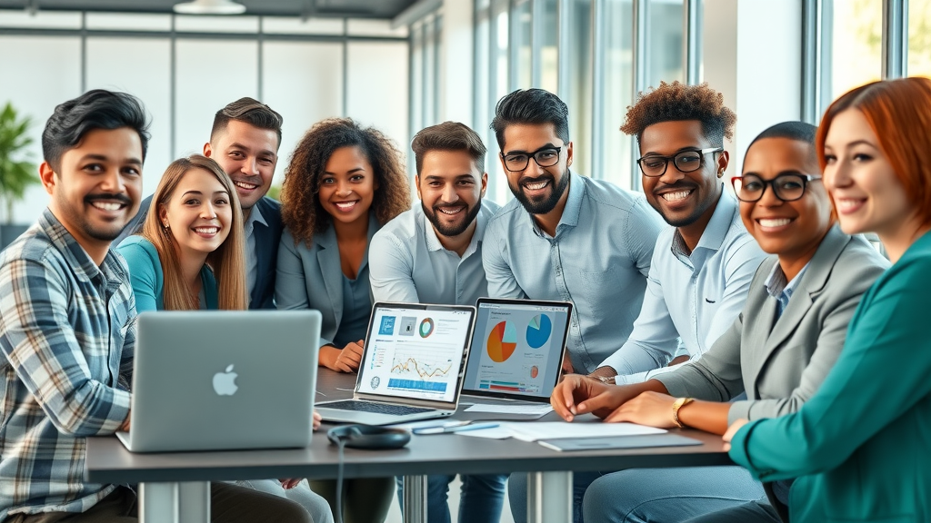Vibrant team of professional affiliates collaborating in a coworking office on master affiliate profits affiliate program analytics and digital charts