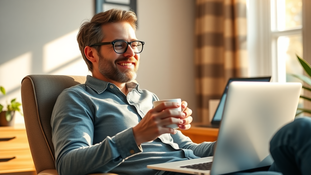 Happy affiliate marketer celebrating successful passive income with master affiliate profits and digital marketing tools