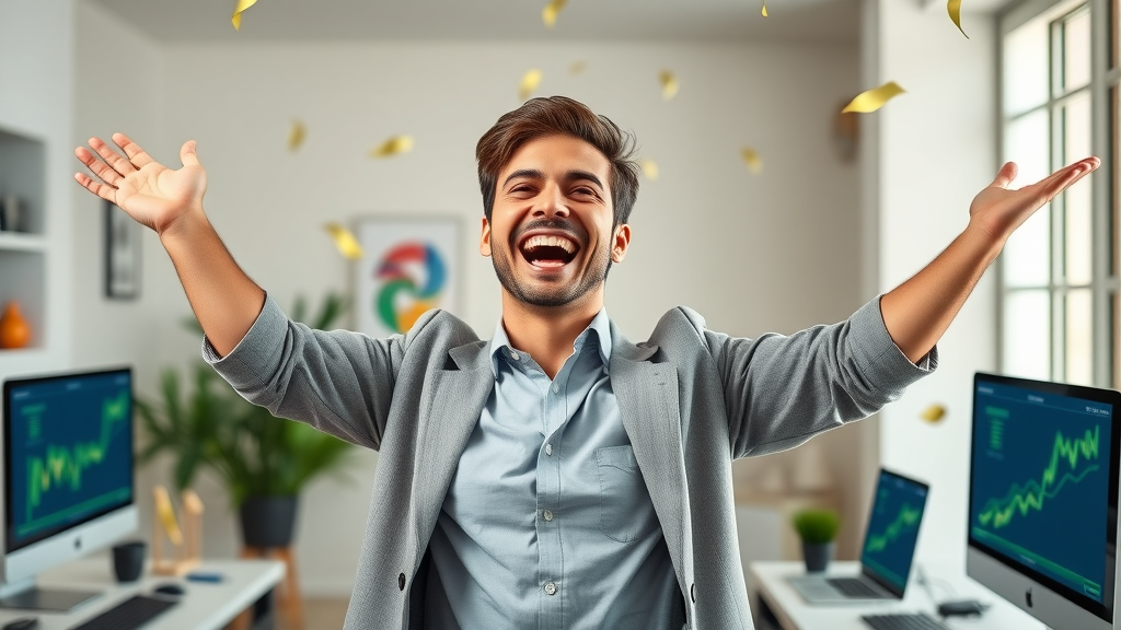Confident affiliate celebrating financial success from master affiliate profits affiliate program with commission statements and digital charts