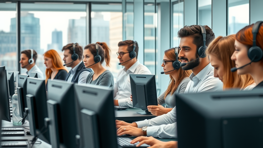Modern London outsourced call center with professional agents handling calls in a glass-walled office overlooking the city skyline.