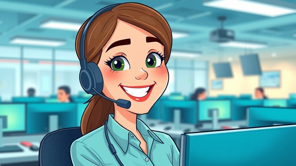 London outsourced call centre with diverse team using headsets and call software, vibrant office atmosphere with city skyline.