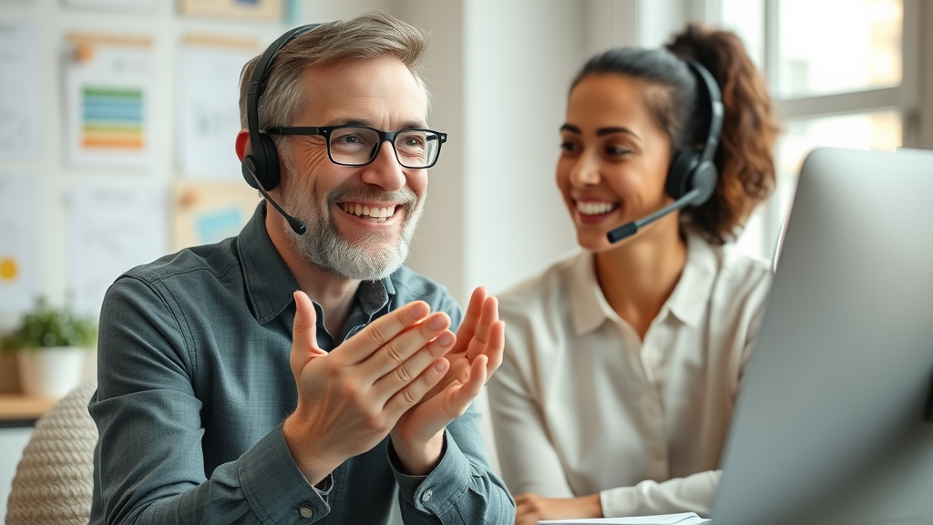 Professional agent at London call center handling technical enquiries with digital displays and analytics in the background.