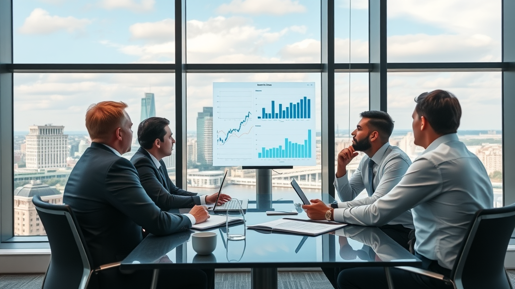 Business analysts in a modern London meeting room comparing call center providers with digital charts and cityscape view.