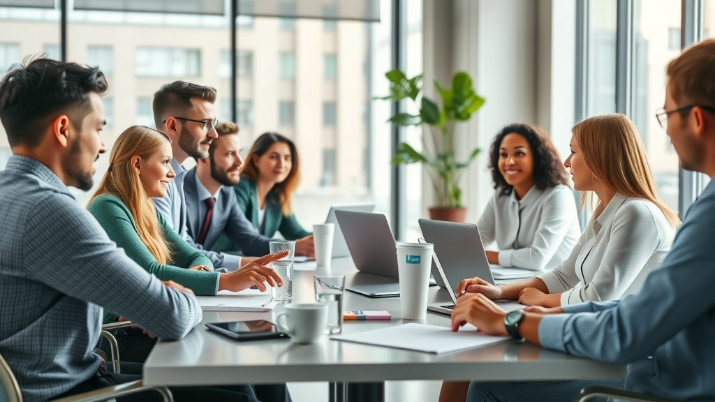 Professional business team collaborating around conference table for content creation strategies, demonstrating hire outsourced content creation agency benefits