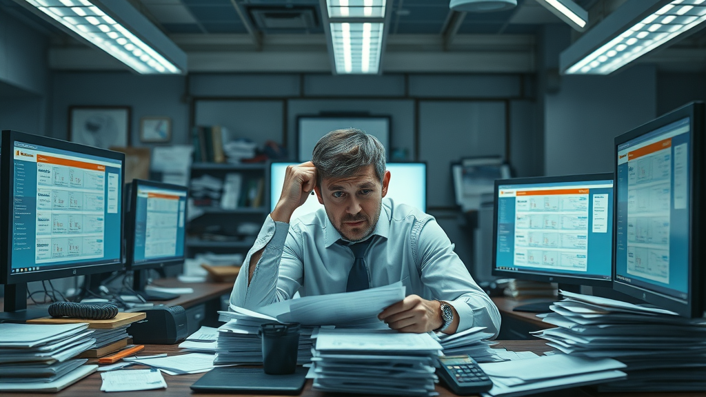 Overwhelmed marketing professional at desk highlighting internal struggles with content creation, emphasizing need to hire outsourced content creation agency