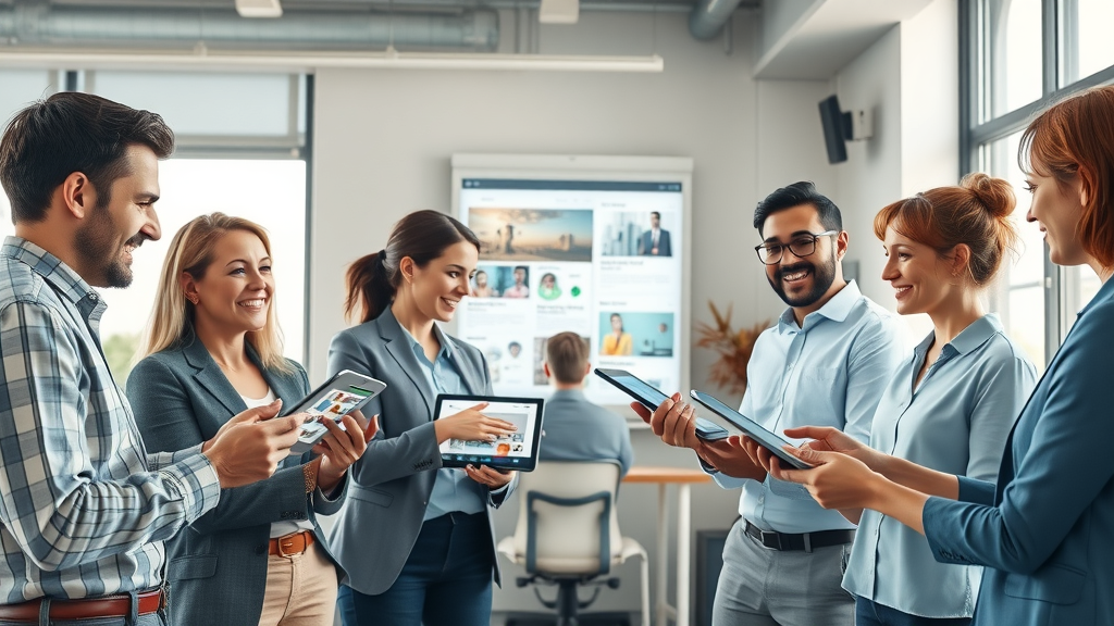 Seamless collaboration of marketing team working with outsourced content creation agency, digital file sharing in a media room
