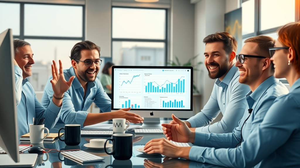 Excited motivated entrepreneurs collaborating around affiliate marketing graphs and digital screens in a modern office for master affiliate profits affiliate program