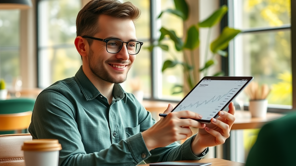 Happy digital marketer reviewing affiliate profits charts on a tablet for master affiliate profits affiliate program in a bright café