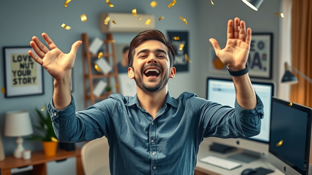 Delighted affiliate celebrating earnings success from master affiliate profits affiliate program in home office with confetti